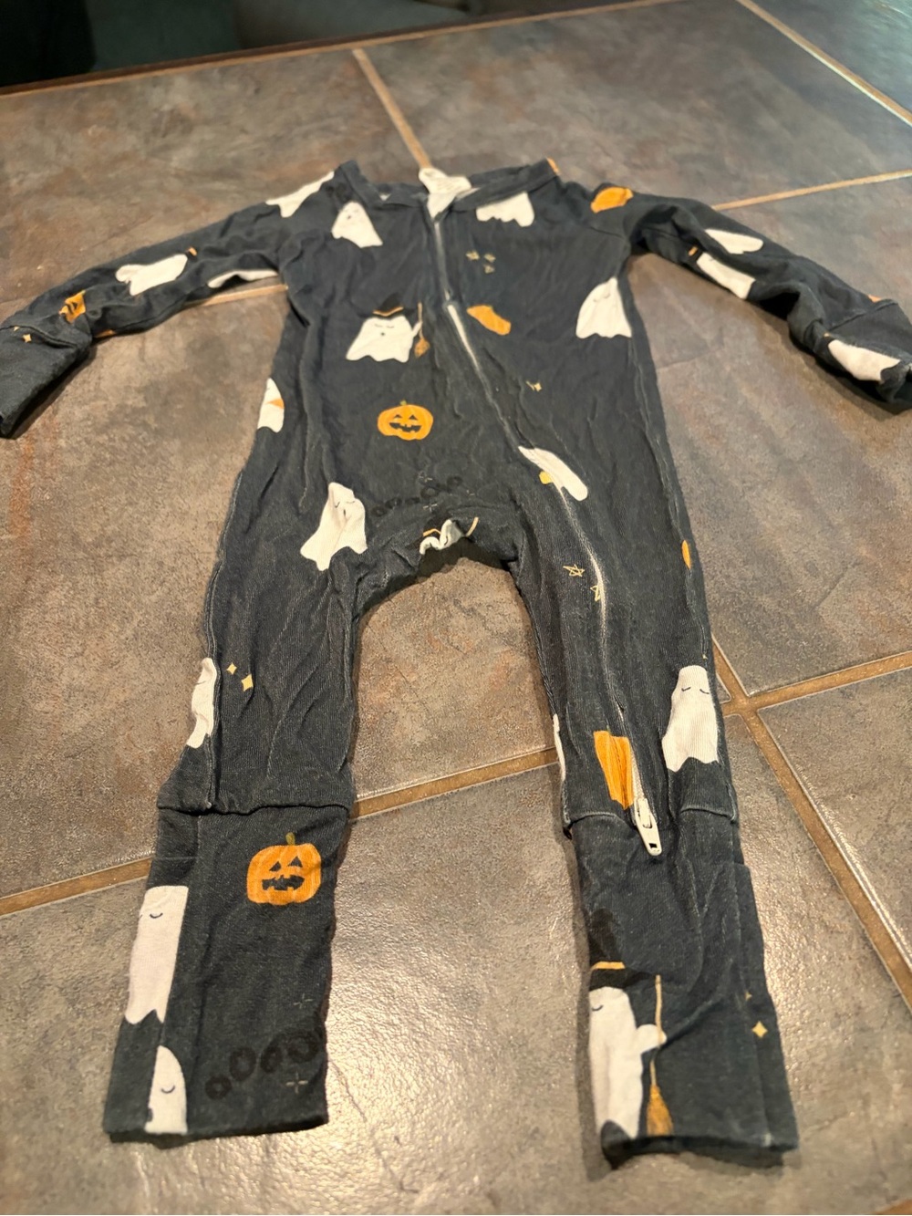 Kids Black Halloween Ghost & Pumpkin One-Piece Pajama- super soft